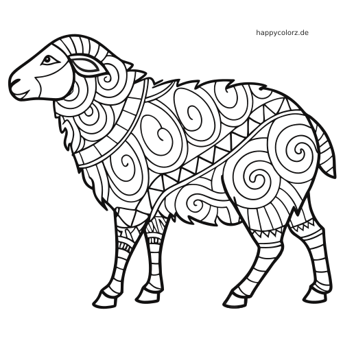 Schwarz-weißes Zentangle-Schaf in Seitenansicht mit spiralförmigen Wollmustern, gestreiften Beinen und geometrischen Details.