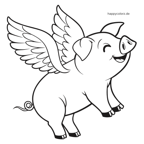 Ein lächelndes Cartoon-Schwein mit großen Federflügeln fliegt in einer einfachen schwarz-weißen Umrisszeichnung.