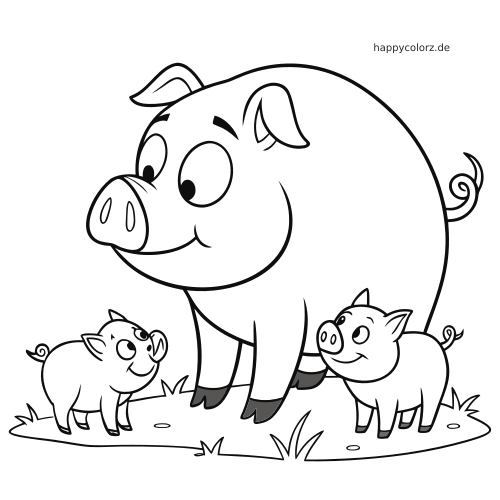 Eine gezeichnete Schweinefamilie mit einem großen Schwein und zwei lächelnden Ferkeln steht zusammen auf einer Wiese.