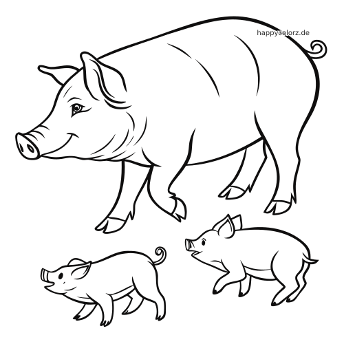 Schwarz-weiße Umrisszeichnung eines großen Schweins mit zwei kleinen Ferkeln darunter im einfachen Comicstil.