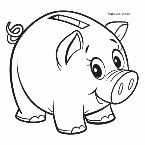 Eine Comic-Spardose in Form eines Schweins mit großen Augen, Münzschlitz auf dem Rücken und klaren Konturen zum Ausmalen.