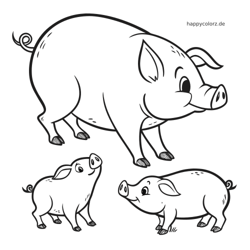 Eine einfach gezeichnete Schweinefamilie mit einem großen Schwein über zwei kleinen Ferkeln im klaren Cartoon-Stil.