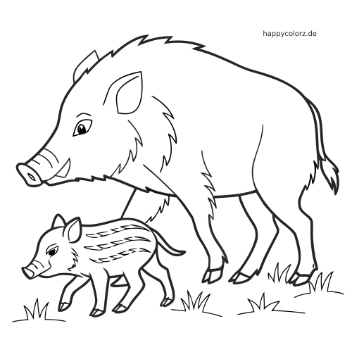 Einfache Linienzeichnung eines Wildschweins, das neben einem gestreiften Frischling über Gras läuft.