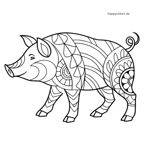 Ein Schwein in Seitenansicht mit einfachen Zentangle-Mustern, geschwungenen Streifen, Blütenformen und geringeltem Schwanz.