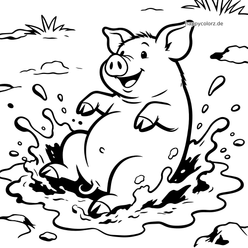 Ein fröhliches Cartoon-Schwein sitzt in einer Matschpfütze und spritzt mit erhobenen Hufen Schlamm um sich.