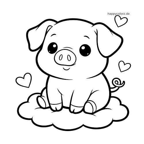 Ein Kawaii-Schweinchen mit großen Augen sitzt auf einer flauschigen Wolke, umgeben von kleinen Herzen im einfachen Comicstil.