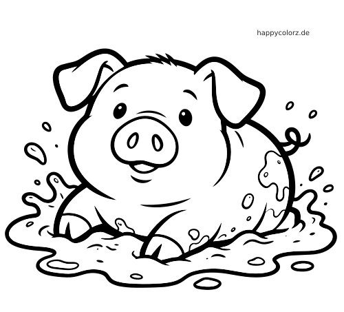 Ein rundes Schwein sitzt von vorn im Schlamm, mit Schlammspritzern auf dem Körper und um die Pfütze herum.