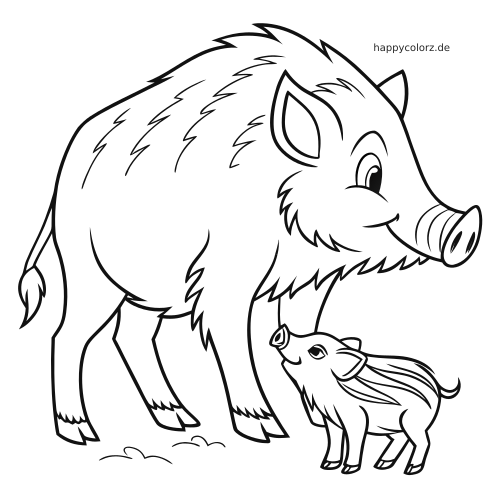 Ein Wildschwein steht lächelnd neben einem kleinen Frischling in einer klaren schwarz-weißen Umrisszeichnung.