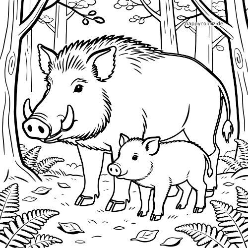 Ein Wildschwein steht im Wald neben einem kleinen Frischling, gezeichnet als klare schwarz-weiße Cartoon-Illustration.