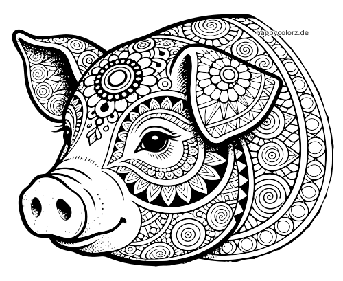Schwarz-weiße Nahaufnahme eines Schweinekopfs mit detailreichen Zentangle-Mustern, Spiralen, Blumen und kräftigen Konturen.