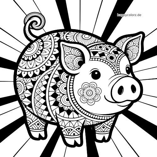 Ein Schwein von vorn mit dichten Zentangle-Mustern auf dem Körper vor einem kräftigen Hintergrund aus Sonnenstrahlen.