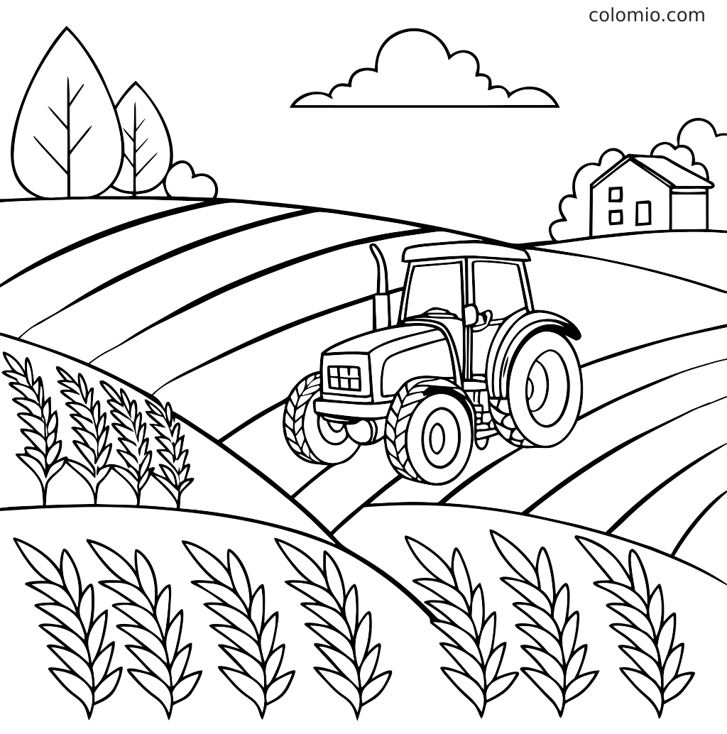 Ein Traktor fährt über gestreifte Felder mit Weizenhalmen, Bäumen, einem Haus und einer Wolke im Hintergrund.