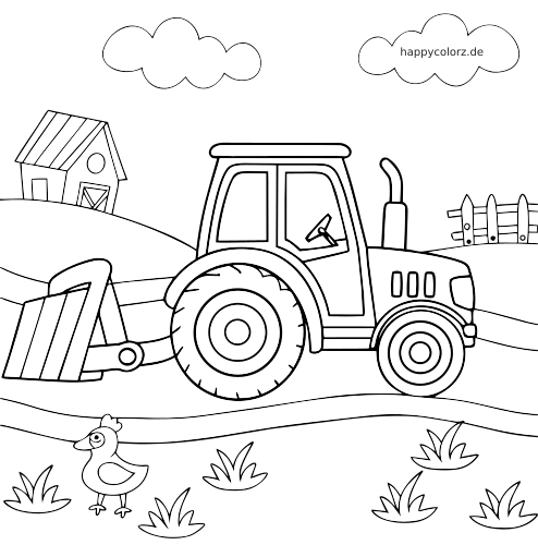 Ein einfaches Ausmalbild mit einem Traktor mit Frontlader, einem Küken, einer Scheune, einem Zaun, Wolken und Gras auf dem Bauernhof.