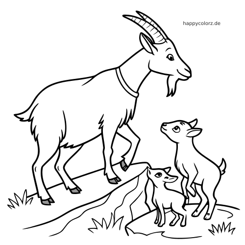 Eine Ziegenmutter mit gebogenen Hörnern steht auf einem Hügel neben zwei Zicklein in einer einfachen Schwarz-Weiß-Zeichnung.