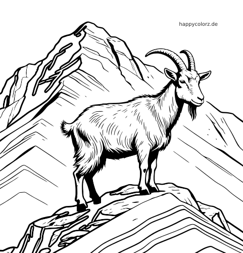 Eine detailreiche schwarz-weiße Zeichnung eines Steinbocks, der auf einem felsigen Berggrat vor steilen Berghängen steht.
