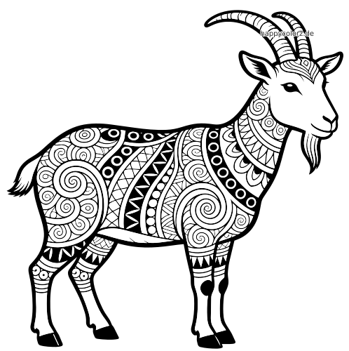 Schwarz-weiße Seitenansicht einer detailreichen Ziege mit langen, gebogenen Hörnern und filigranen Zentangle-Mustern am Körper.