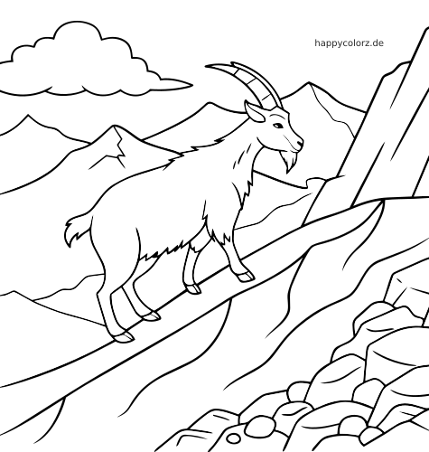 Eine einfache Linienzeichnung zeigt einen Steinbock auf einem steilen felsigen Bergpfad, mit Bergen und einer Wolke im Hintergrund.