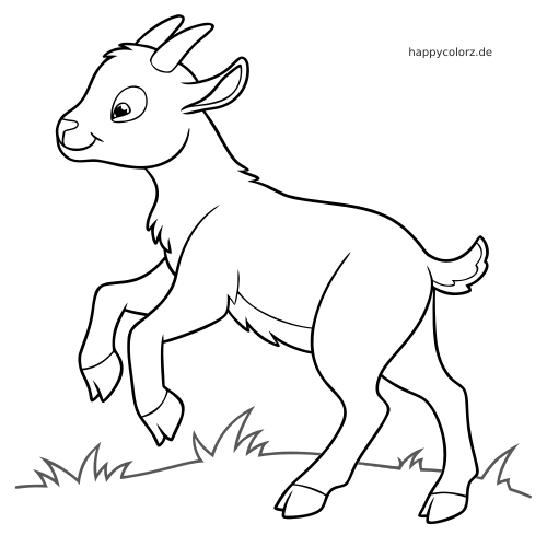 Ein einfaches schwarz-weißes Umrissbild von einem spielenden Zicklein mit angehobenem Vorderbein auf einer Wiese.