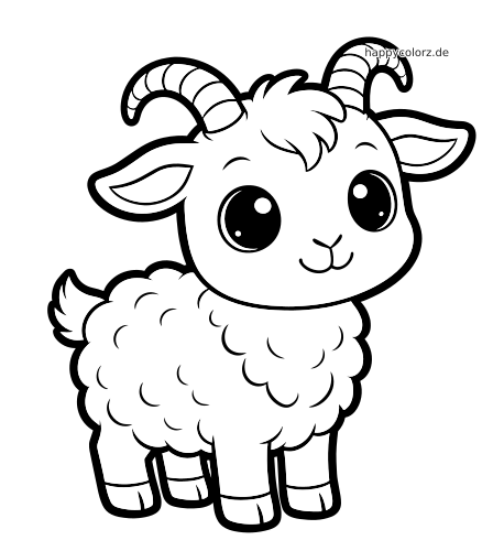 Eine Kawaii-Ziege mit großen runden Augen, gebogenen Hörnern und flauschigem Fell steht im einfachen Comicstil da.