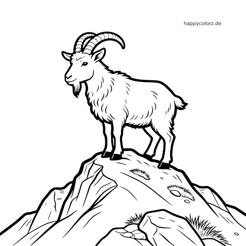 Ein Steinbock mit großen, gebogenen Hörnern steht auf einem felsigen Berggipfel in einer einfachen schwarz-weißen Linienzeichnung.