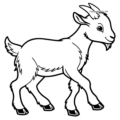 Ein flauschiges Zicklein mit kleinen Hörnern und Ziegenbart ist in der Seitenansicht als schwarz-weiße Umrisszeichnung zu sehen.