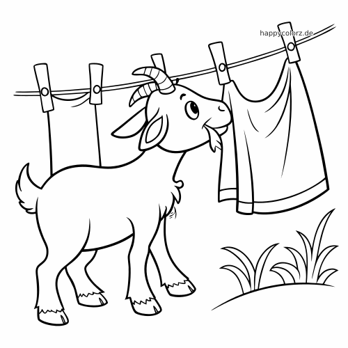 Eine Ziege steht unter einer Wäscheleine und knabbert an einem aufgehängten Handtuch in einer einfachen Schwarz-Weiß-Zeichnung.