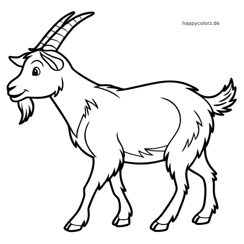 Ein Ziegenbock mit gebogenen Hörnern, Bart und zotteligem Fell ist in einer einfachen Seitenansicht als Umriss zu sehen.