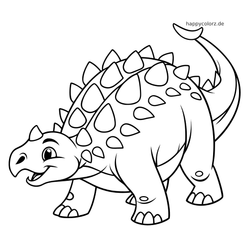 Ein Ankylosaurus im Cartoonstil mit großen Augen, lächelndem Gesicht, Rückenplatten und erhobenem Keulenschwanz.