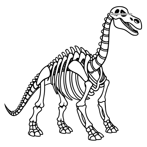 Schwarz-weißes Fossil eines Dinosaurier-Skeletts mit langem, gebogenem Hals, Rippenkorb, Schädel und vier kräftigen Beinen.