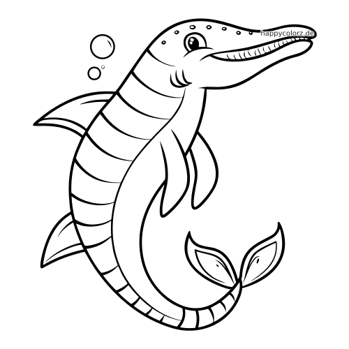 Schwarz-weiße Linienzeichnung eines eingerollten Mosasaurus unter Wasser mit Blasen, lächelndem Gesicht und runden Flossen.