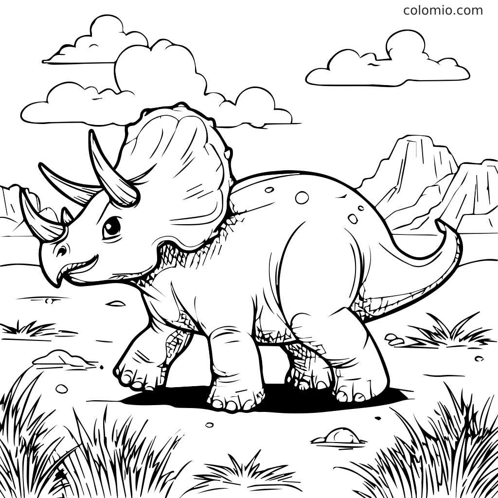 Ein Schwarz-Weiß-Ausmalbild mit einem Triceratops, der in einer Landschaft mit Bergen und Wolken läuft.