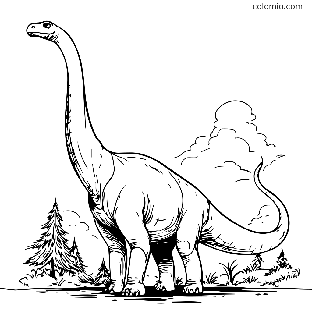 Ein pflanzenfressender langhalsiger Dinosaurier steht in einer Landschaft mit Bäumen und Wolken, bereit zum Ausmalen.
