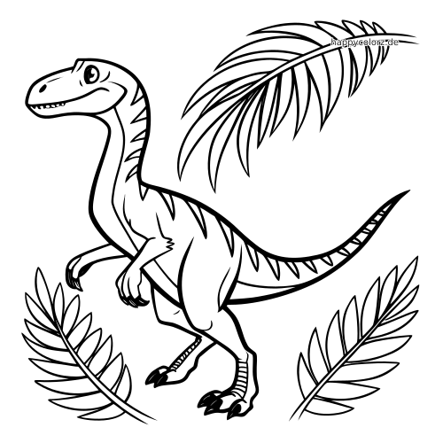 Ein aufrecht stehender Velociraptor mit federartigen Streifen, Krallen und großen tropischen Blättern um ihn herum.