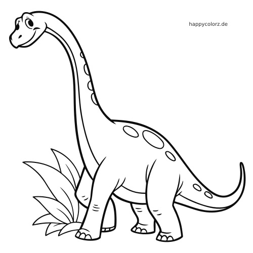 Ein Brachiosaurus mit langem Hals und Flecken auf dem Körper steht neben großen Blättern als schwarz-weiße Umrisszeichnung.