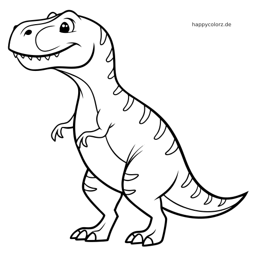 Ein Cartoon-Tyrannosaurus Rex steht aufrecht mit großem Lächeln, kleinen Armen und einfachen Streifen auf dem Körper.