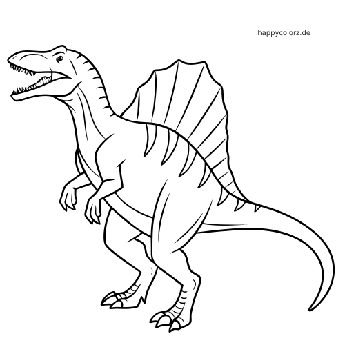Ein detaillierter Spinosaurus mit hohem Rückensegel, offenem Maul und scharfen Krallen als kräftige Linienzeichnung.