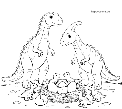 Eine Dinosaurierfamilie mit zwei großen Dinosauriern, einem Nest mit Eiern und mehreren frisch geschlüpften Jungtieren darum herum.
