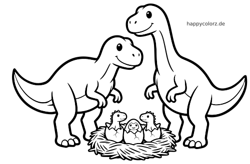 Zwei lächelnde Dinosaurier stehen über einem Nest mit drei schlüpfenden Jungtieren im einfachen Comicstil.
