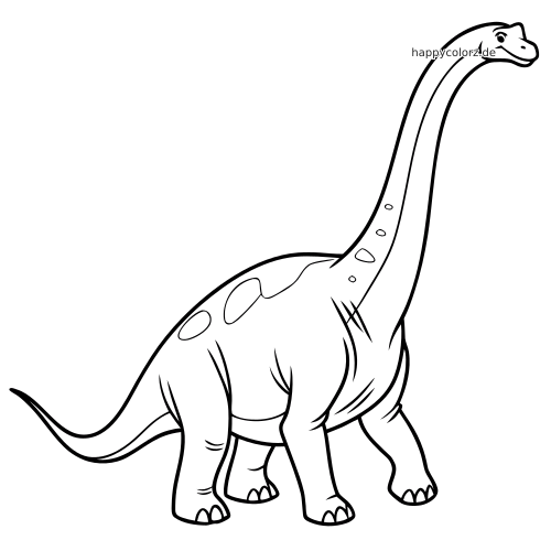 Ein einfacher gezeichneter Brachiosaurus mit sehr langem Hals, rundem Körper und Flecken steht allein in Schwarz-Weiß.