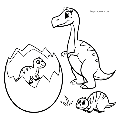 Ein einfaches Ausmalbild mit einem großen Dinosaurier, einem schlüpfenden Dino-Baby im Ei und einem weiteren kleinen Dino daneben.
