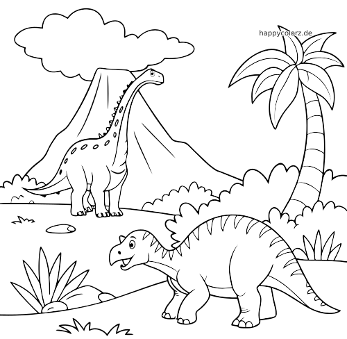 Ein einfaches Ausmalbild mit zwei Dinosauriern vor einem Vulkan, dazu eine Palme, Büsche, Pflanzen und Hügel.