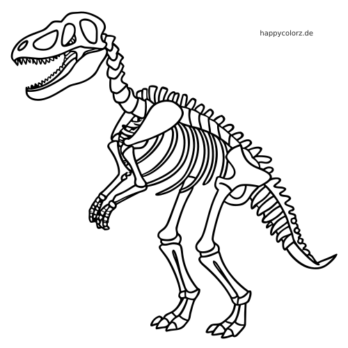 Ein schwarz-weißes Dinosaurier-Skelett mit offenem Maul, langem Schwanz und kräftigen Konturen auf einem Ausmalbild.