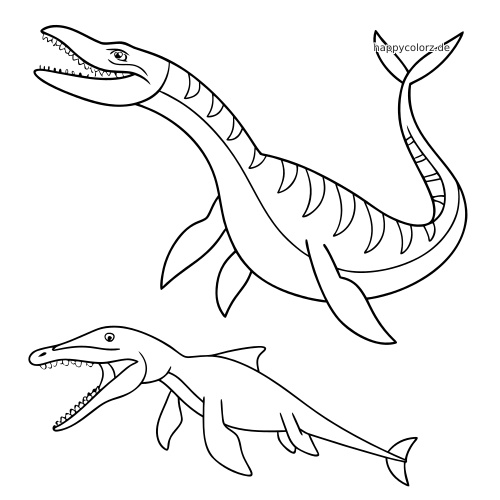 Schwarz-weiße Linienzeichnung eines einfachen Mosasaurus und eines Plesiosaurus, die mit klaren Konturen schwimmen.