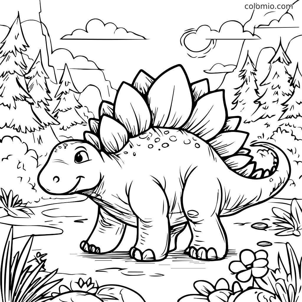 Ein fröhlicher Stegosaurus-Dinosaurier steht in einer Waldlandschaft, perfekt zum Ausmalen.