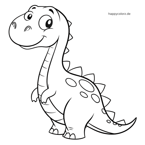 Ein Kawaii-Dinosaurier mit langem Hals, lächelndem Gesicht, Rückenplatten und Flecken auf dem Körper in einfacher Cartoon-Kontur.