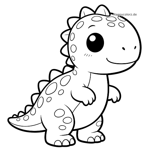 Ein Kawaii-Dinosaurier mit großen Augen, rundem Körper, Rückenplatten und vielen Punkten im einfachen Comicstil.