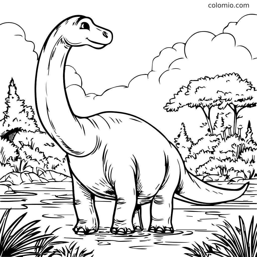 Ein freundlicher Brachiosaurus steht in einem Fluss, umgeben von Bäumen und Wolken, perfekt zum Ausmalen.