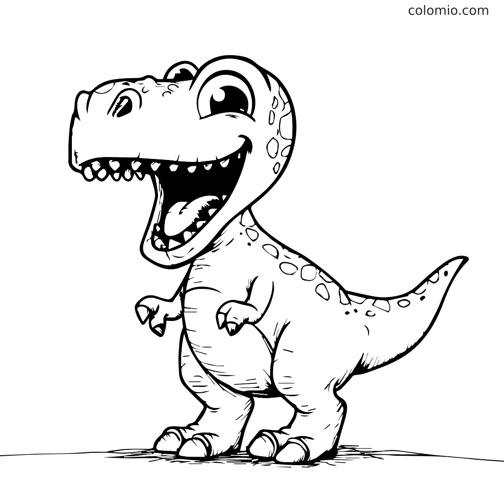 Ein fröhlicher Cartoon-Dinosaurier mit einem großen Lächeln, bereit zum Ausmalen.