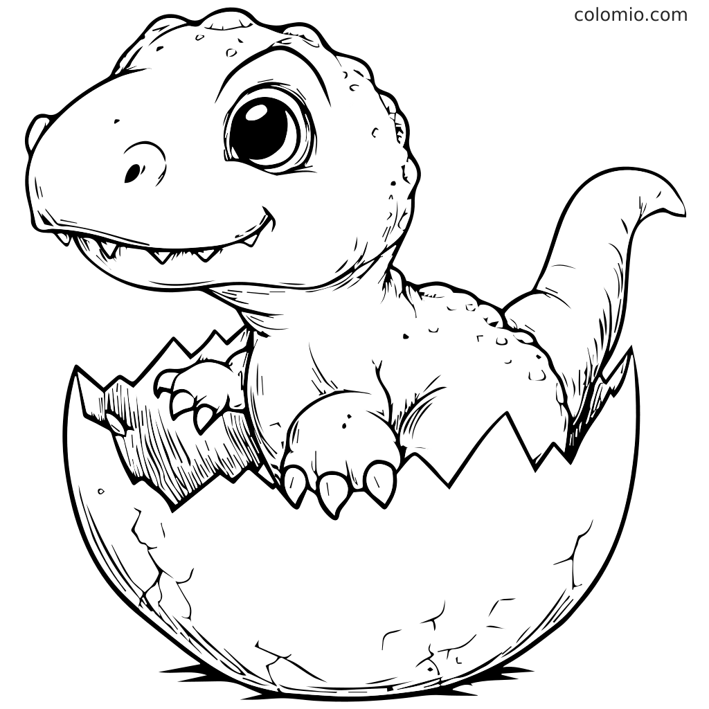 Niedliches Baby-Dinosaurier, das aus dem Ei schlüpft Malvorlage Ein niedliches Baby-Dinosaurier, das aus seinem zerbrochenen Ei schlüpft und bereit ist, ausgemalt zu werden.