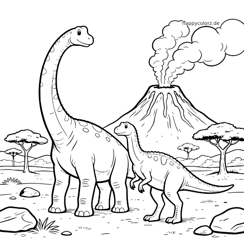 Zwei Sauropoden stehen in einer offenen Landschaft vor einem rauchenden Vulkan, ein großer Langhals und ein kleinerer Dino daneben.